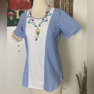 NWOT C.wonder spring summer short sleeve top blue white stripes lace front XXS
